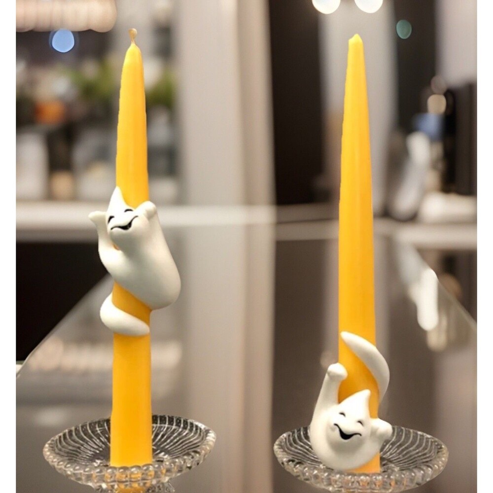 VTG PartyLite Ghosts Taper Candle Hugger Ornaments Ceramic P7026 Set of 2 NIB